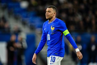 Kylian Mbappé of France walks in the field during the international friendly match between France and Germany at Groupama Stadium on March 23, 2024 in Lyon, France.(Photo by Eurasia Sport Images/Getty Images)