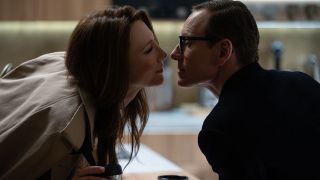 Cate Blanchett and Michael Fassbender nearly kissing in Black Bag