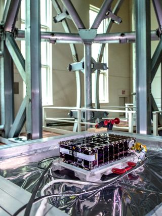 The Dellingr spacecraft, a 6U cubesat, is shown here at NASA's Goddard Space Flight Center, where it underwent testing at the magnetic calibration facility. It is scheduled for an August launch to the International Space Station, after which it will be deployed into low Earth orbit.