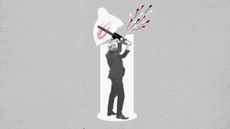 Photo composite illustration of Nigel Farage cutting open a condom with a chainsaw