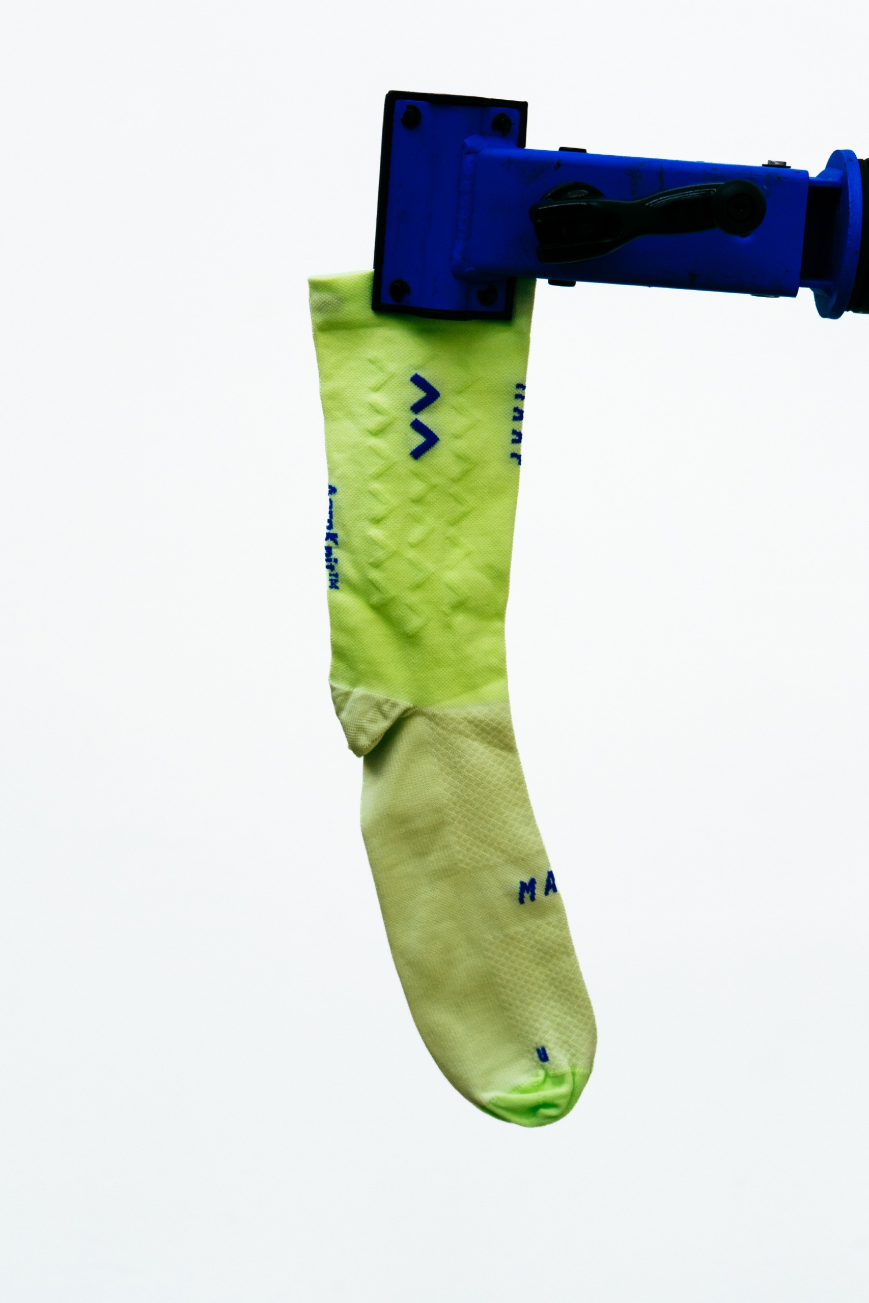 A close up shot of some socks being tested in the wind tunnel