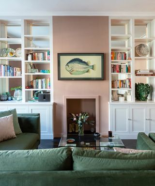 Pink and green living room showing Samsung Frame TV on the wall