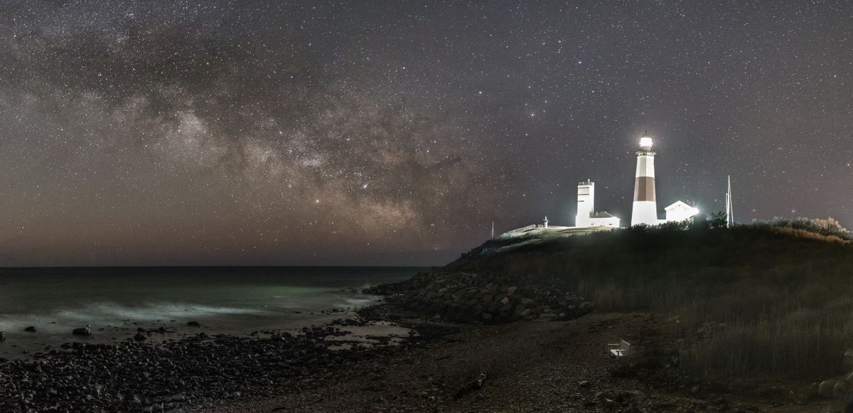 Milky Way Glimmers Over Montauk Lighthouse in Sparkling Beach View Space