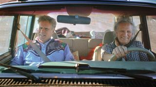 A still from the documentary Will & Harper, showing Will Ferrell sitting in the passenger seat of a car driven by his friend Harper Steele