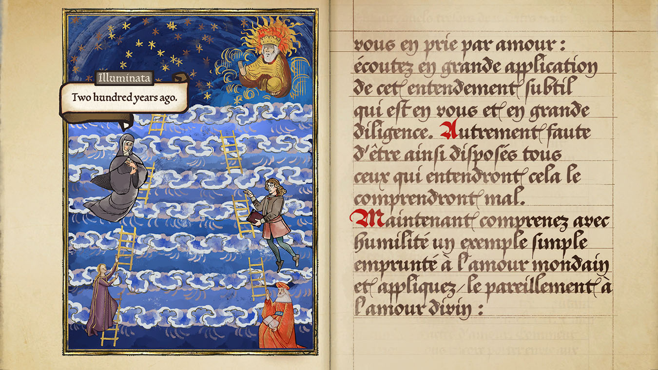 Image of illuminated manuscript-style drawings from the game Pentiment.