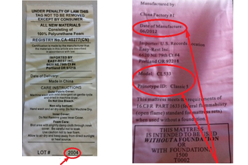 Easy-Rest State Mattress Tag with lot number (left) and Federal Mattress Tag with lot number (right).