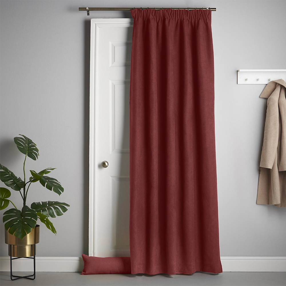 red velvet door curtain half across a white front door