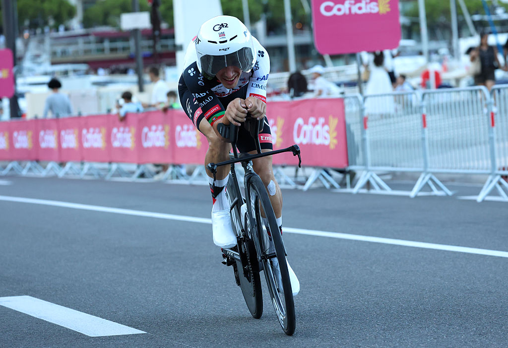 MONACO, MONACO - AUGUST 22: Joao Almeida of Portugal and UAE Team Emirates XRG competes during the La Vuelta - 81st Tour of Spain 2026, Stage 1 a 9.4km individual time trial stage from Monaco to Monaco / #UCIWT / on August 22, 2026 in Monaco, Monaco. (Photo by Alexander Hassenstein/Getty Images)
