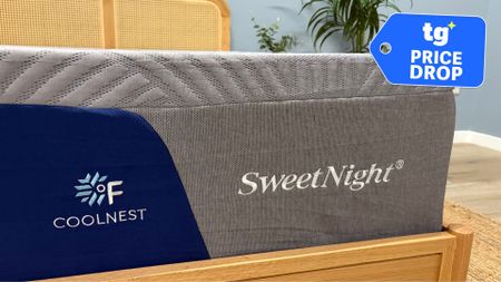 A close-up of the SweetNight CoolNest Mattress in a bedroom setting. A price drop deals badge is seen in the top right foreground. 