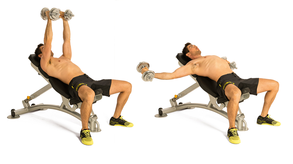 Man demonstrates two positions of incline dumbbell flye