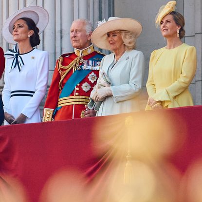British Royal Family stand on the Buckingham Palace balcony, which is lined with celebratory red decorative fabric