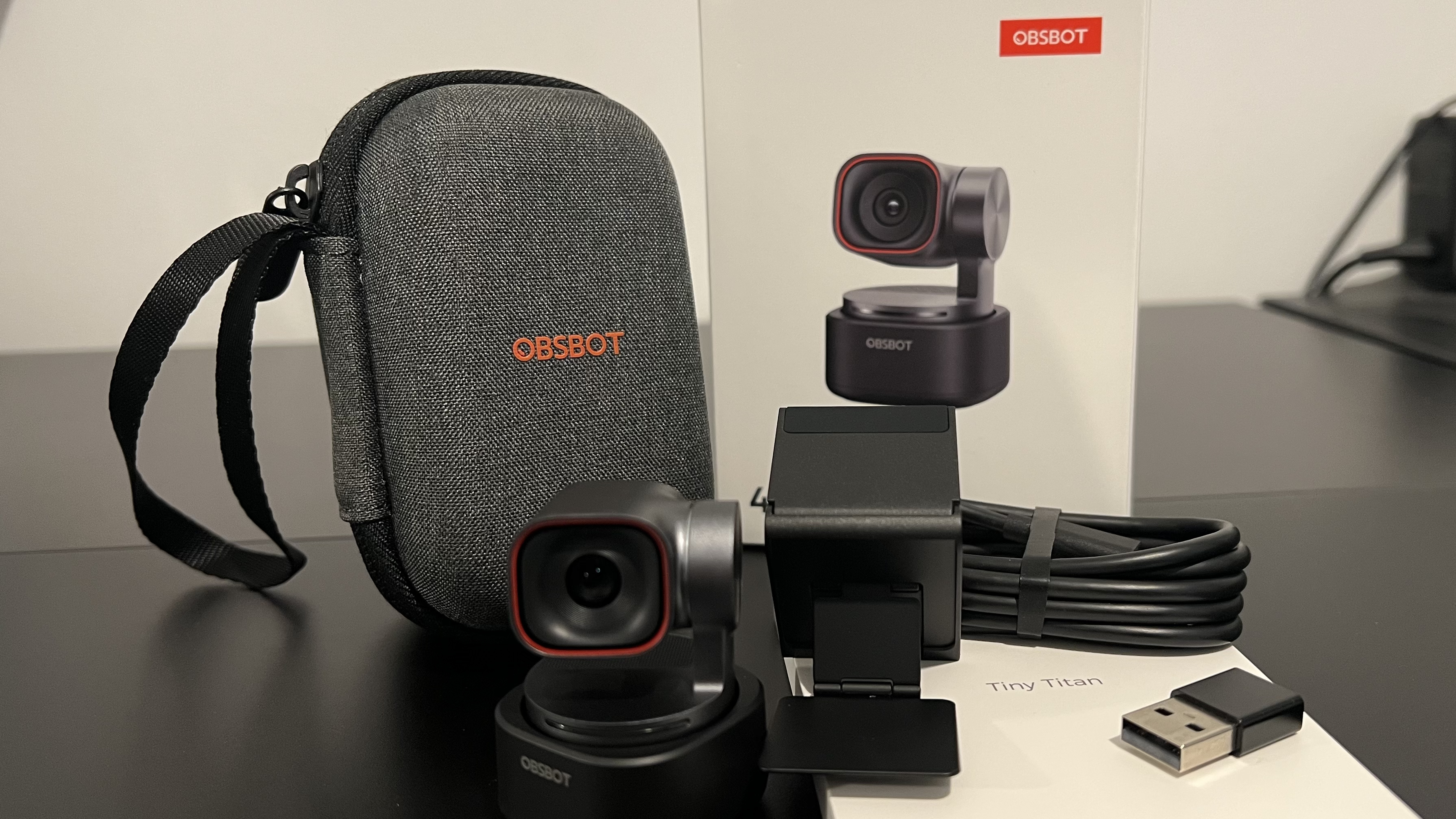 The Obsbot Tiny 3 webcam with accessories.