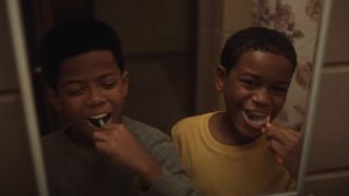 Eric (Gian Knight Ramirez) and Malik (Gian Knight Ramirez) brush their teeth in We Grown Now