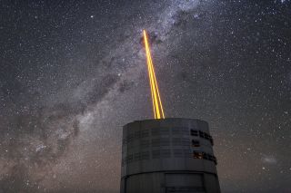 The Four Laser Guide Star Facility for the adaptive optics system on the European Southern Observatory's Very Large Telescope in Chile is activated in this stunning first-light image taken on April 26, 2016.