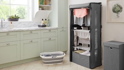 Lakeland Dry:Soon TriMode in kitchen in compact mode with laundry baskets in use