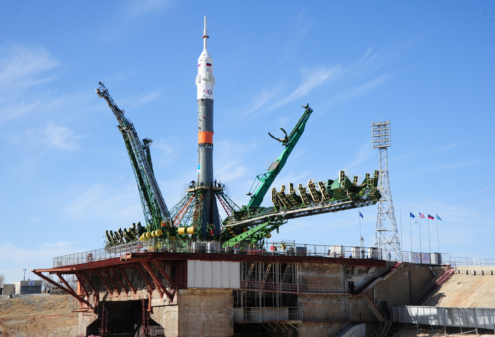 The Soyuz rocket and spacecraft set to launch NASA astronaut Jack Fischer and Russian cosmonaut Fyodor Yurchikhin to the International Space Station on April 20, 2017 is seen at the launchpad at Baikonur Cosmodrome, Kazakhstan.