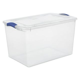 A large clear plastic storage bin with a clip hinge lid