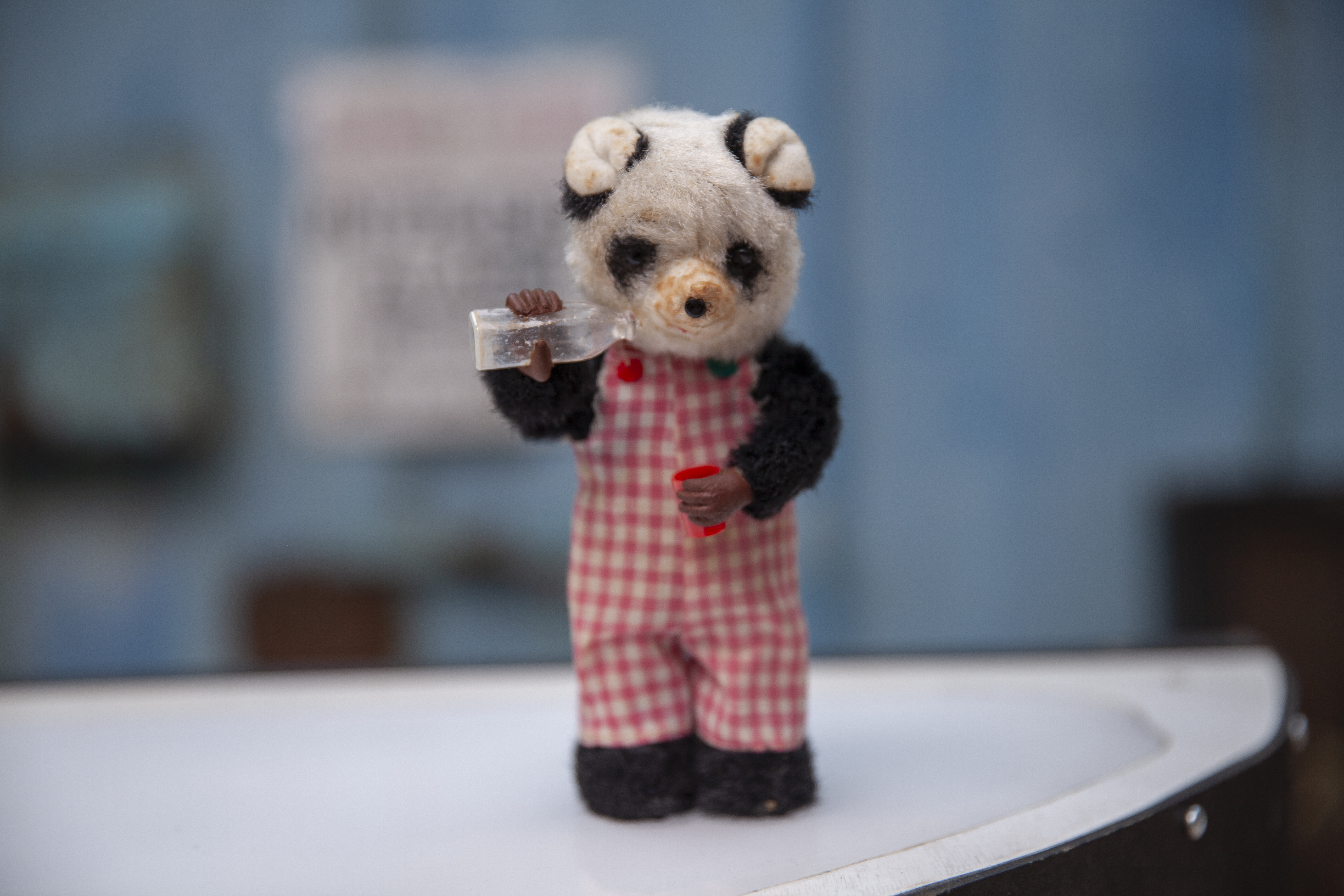 Thirsty Bear, a tattered toy panda wearing red and white gingham dungarees holding an empty bottle to it's mouth.