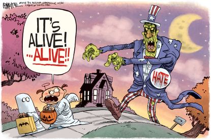 Political cartoon U.S. Halloween hate scary anti-Semitism violence bigotry shooting bombs