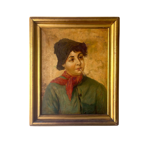 Antique Italian School Oil Portrait of Smoking Boy, Signed, 19th C