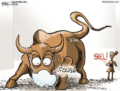 Editorial Cartoon U.S. Dow bull sick coronavirus sell stock