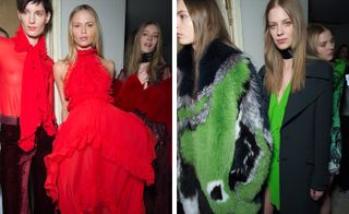 Models wearing dresses, shirts, and fur coats in deep shades of red and green, from Emilio Pucci A/W 2015 collection.