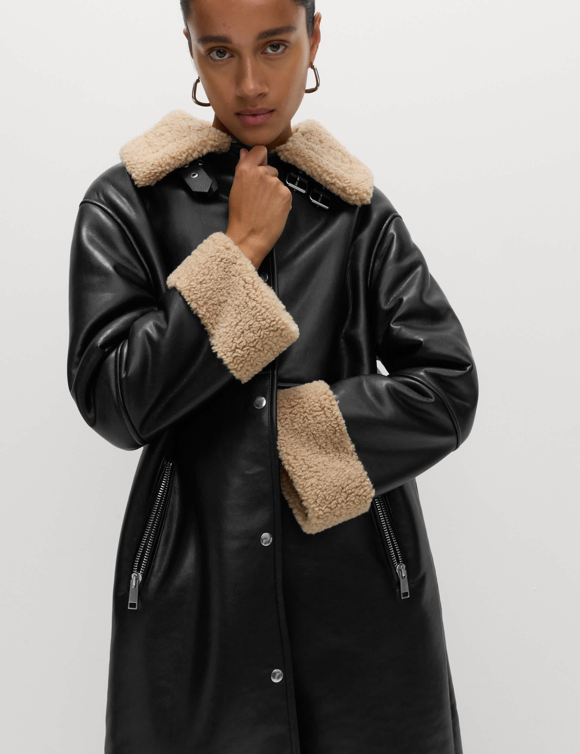 Faux Shearling Collared Longline Aviator Coat