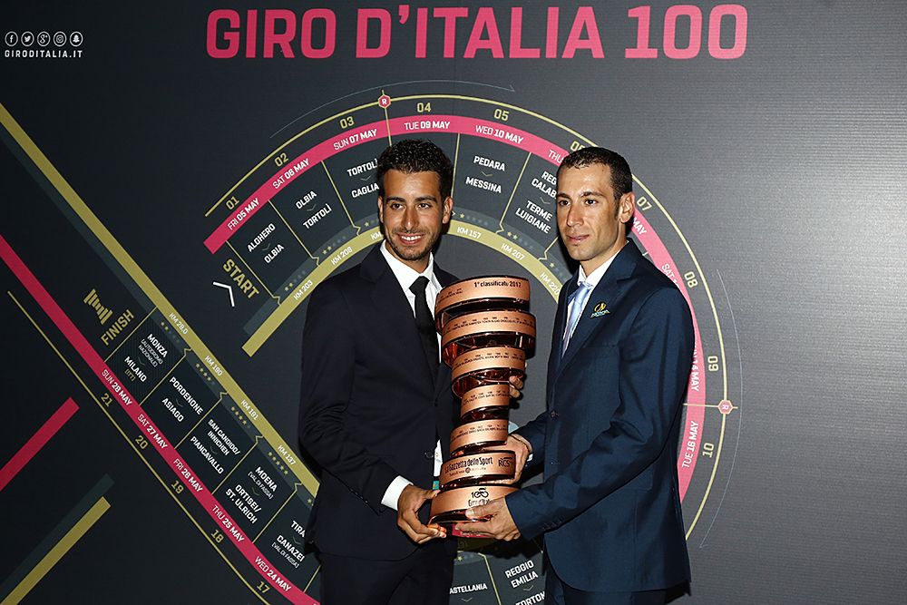 Nibali and Aru hold the trophy