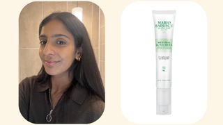 Sidra wearing Mario Badescu Mineral Sunscreen alongside image of the product