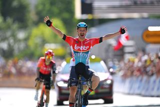 BARCELONNETTE FRANCE JULY 18 Victor Campenaerts of Belgium and Team Lotto Dstny celebrates at finish line as stage winner during the 111th Tour de France 2024 Stage 18 a 1795km stage from Gap to Barcelonnette 1134m UCIWT on July 18 2024 in Barcelonnette France Photo by Tim de WaeleGetty Images