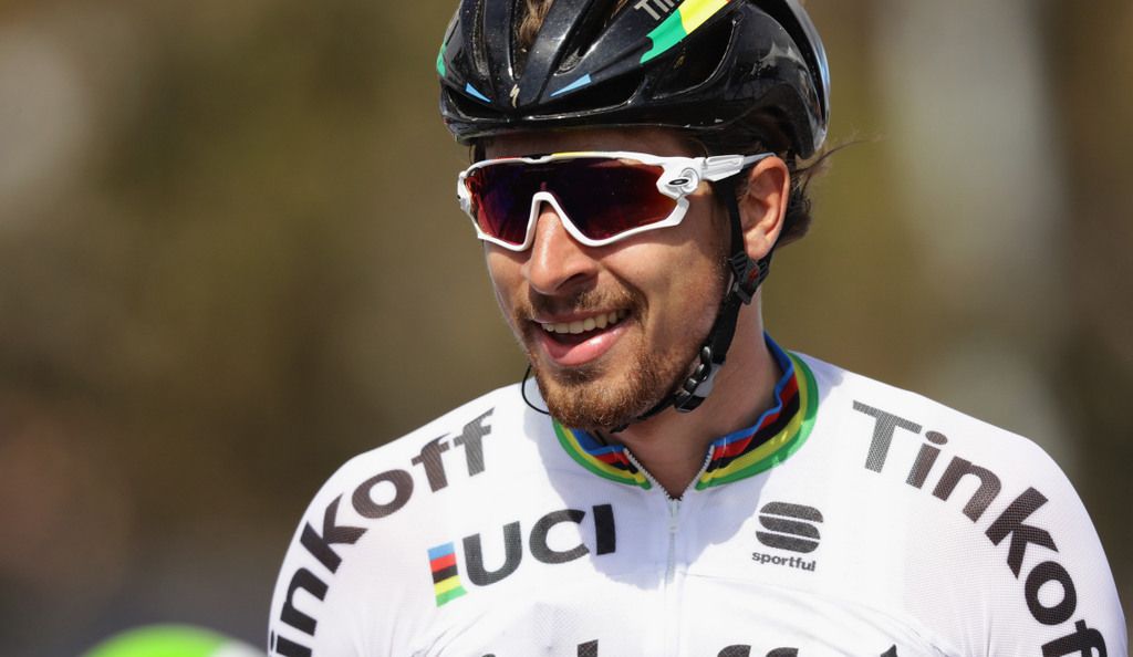 A smiling Peter Sagan after winning stage 1