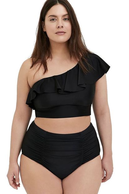 Torrid Black One-Shoulder Flounce Wireless Bikini Top