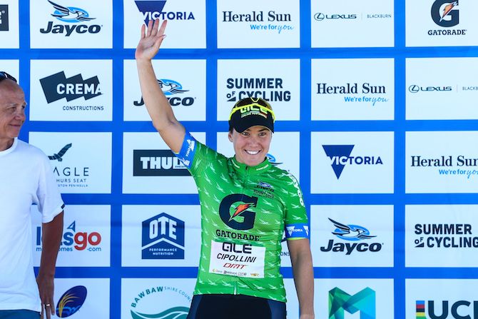 As well as leading the race overall, Chloe Hosking (Ale Cipollini) held the green points jersey after stage 1 of the 2019 Women's Herald Sun Tour