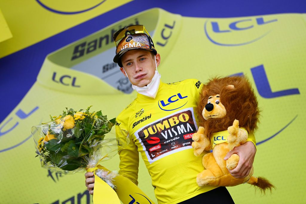SERRE CHEVALIER FRANCE JULY 13 Jonas Vingegaard Rasmussen of Denmark and Team Jumbo Visma celebrates at podium as Yellow Leader Jersey winner during the 109th Tour de France 2022 Stage 11 a 1517km stage from Albertville to Col de Granon Serre Chevalier 2404m TDF2022 WorldTour on July 13 2022 in Col de GranonSerre Chevalier France Photo by Tim de WaeleGetty Images