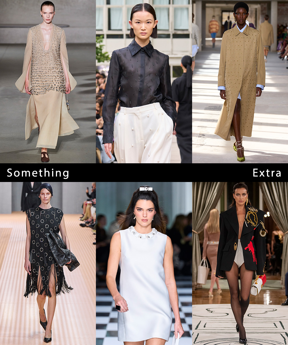 a collage of runway images featuring the maximalist spring trend:  embellished clothing