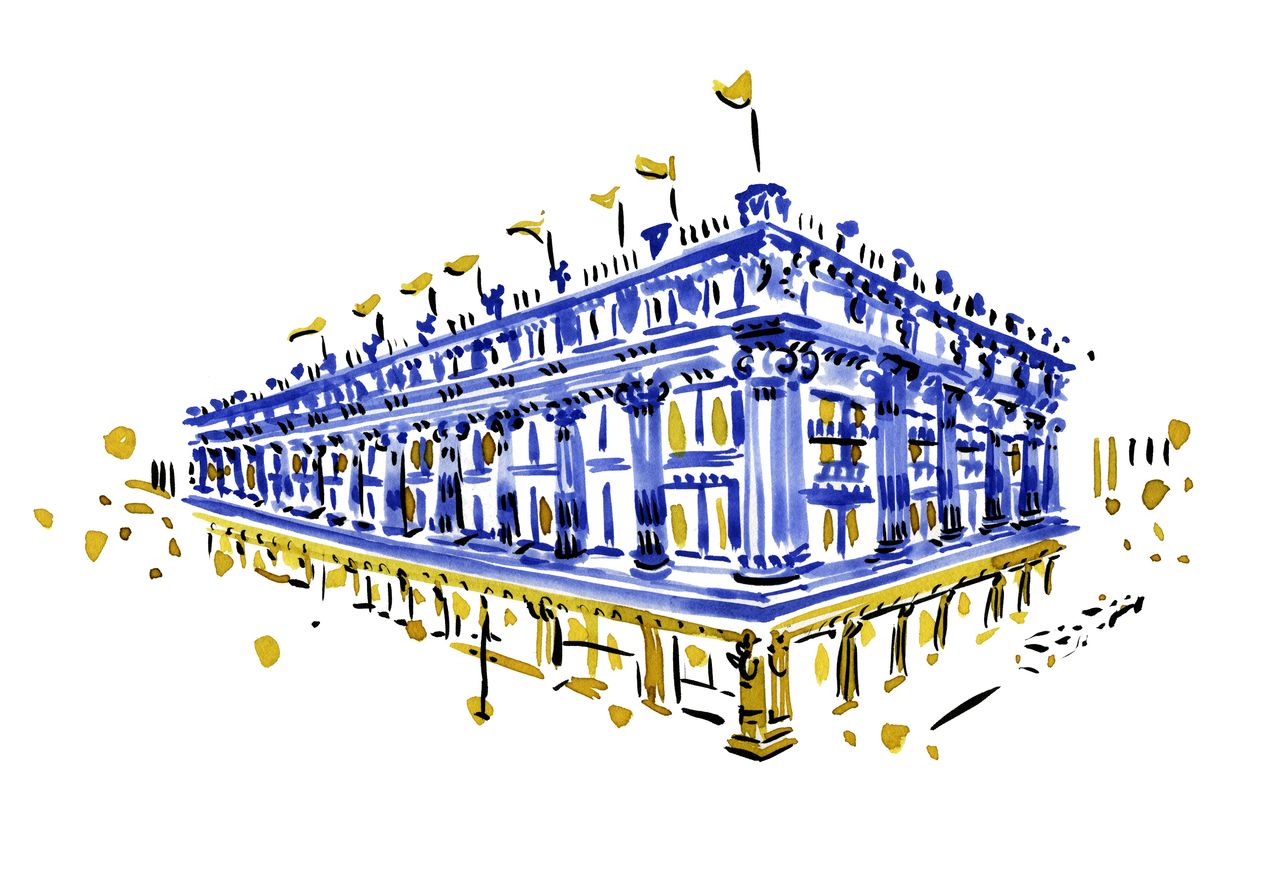 Blue and yellow illustration on a white background of Selfridge&#039;s, London, UK