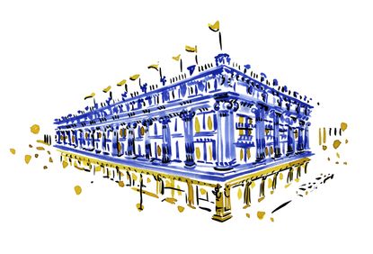 Blue and yellow illustration on a white background of Selfridge's, London, UK