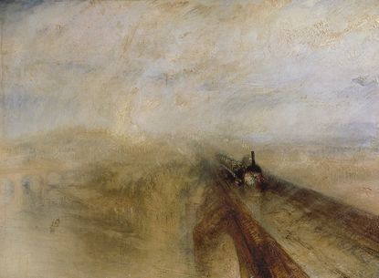 Rain, Steam, and Speed &mdash; The Great Western Railway, 1844, oil on canvas, about 35&frac34;in by 48in, by J. M. W. Turner (1775&ndash;1851), National Gallery, London