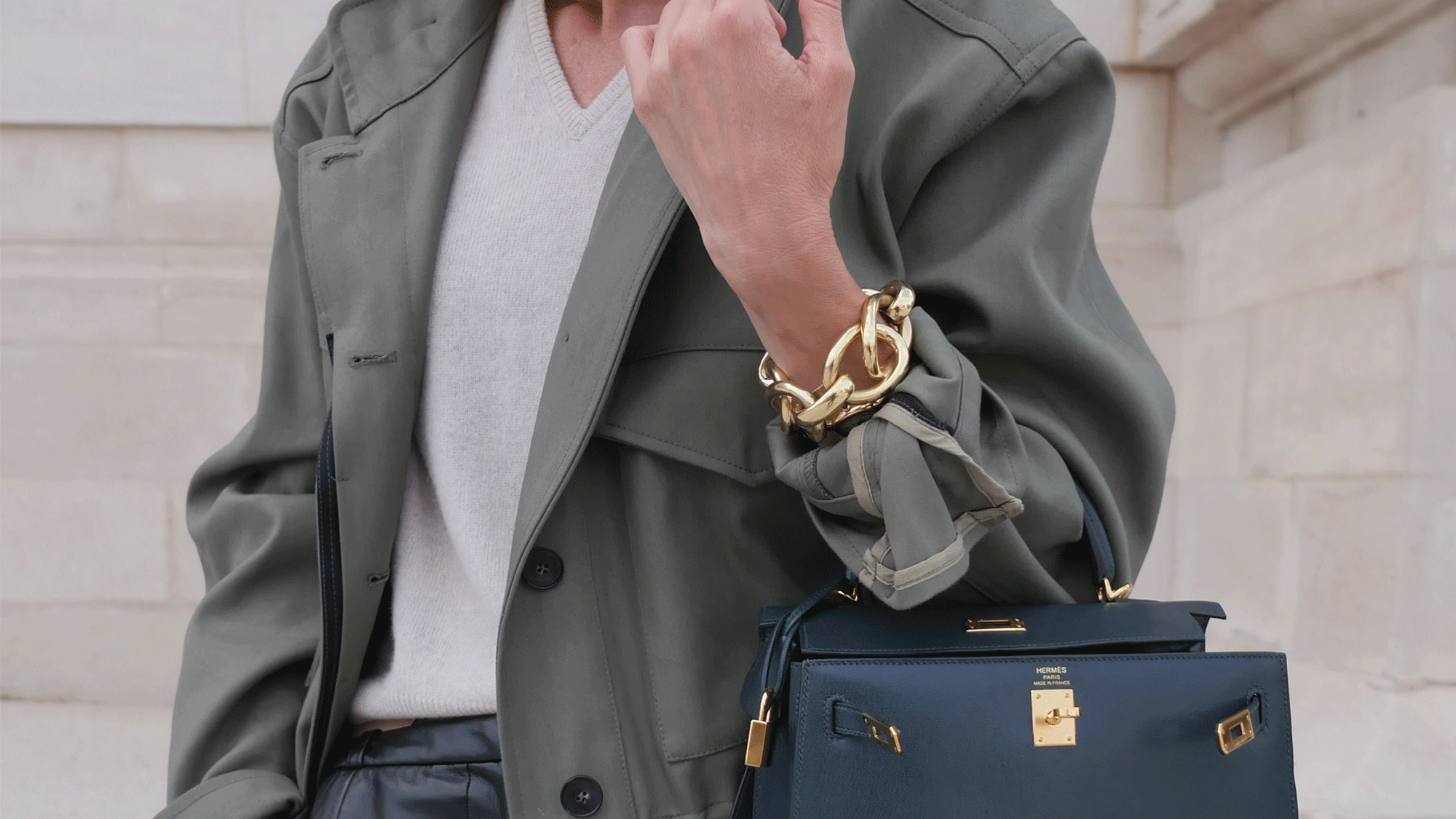 Model wearing an Anine Bing coat and an Hermes bag.