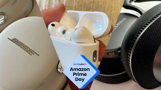 AirPods Pro 3, Bose and Bowers & Wilkins headphones, held in a hand, in a split screen