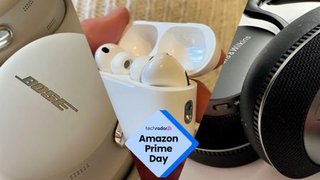 AirPods Pro 3, Bose and Bowers & Wilkins headphones, held in a hand, in a split screen