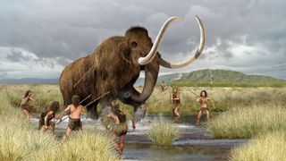 Drawing of a paleolithic hunting scene on a plain with hunters holding spears up to a woolly mammoth.