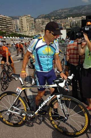 USA's Lance Armstrong (Astana) arrives in Monaco for stage two of the Tour de France.