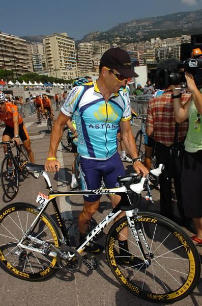 USA's Lance Armstrong (Astana) arrives in Monaco for stage two of the Tour de France.