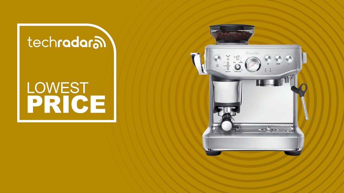 The Breville Barista Express Impress on a yellow background with text saying Lowest Price next to it.