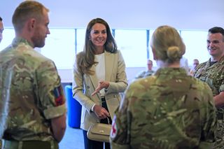 Catherine, Duchess of Cambridge meets those who supported the UK's evacuation of civilians from Afghanistan at RAF Brize Norton on September 15, 2021 in Brize Norton, England. Operation PITTING, the largest humanitarian aid operation for over 70 years, ran between 14th and 28th August, where in excess of 15,000 people were flown out of Kabul by the Royal Air Force.