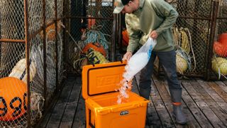 Man emptying ice into King Crab Orange colored Yeti cooler
