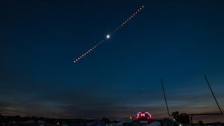 This composite image shows the progression of a total solar eclipse over Madras, Oregon, USA, on Monday, August 21, 2017