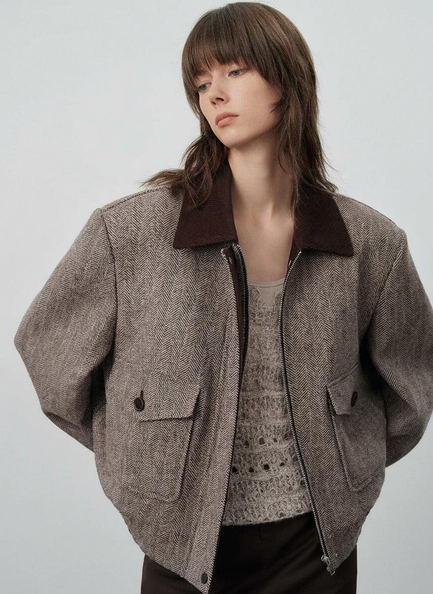 Herringbone Tweed Zip Jacket