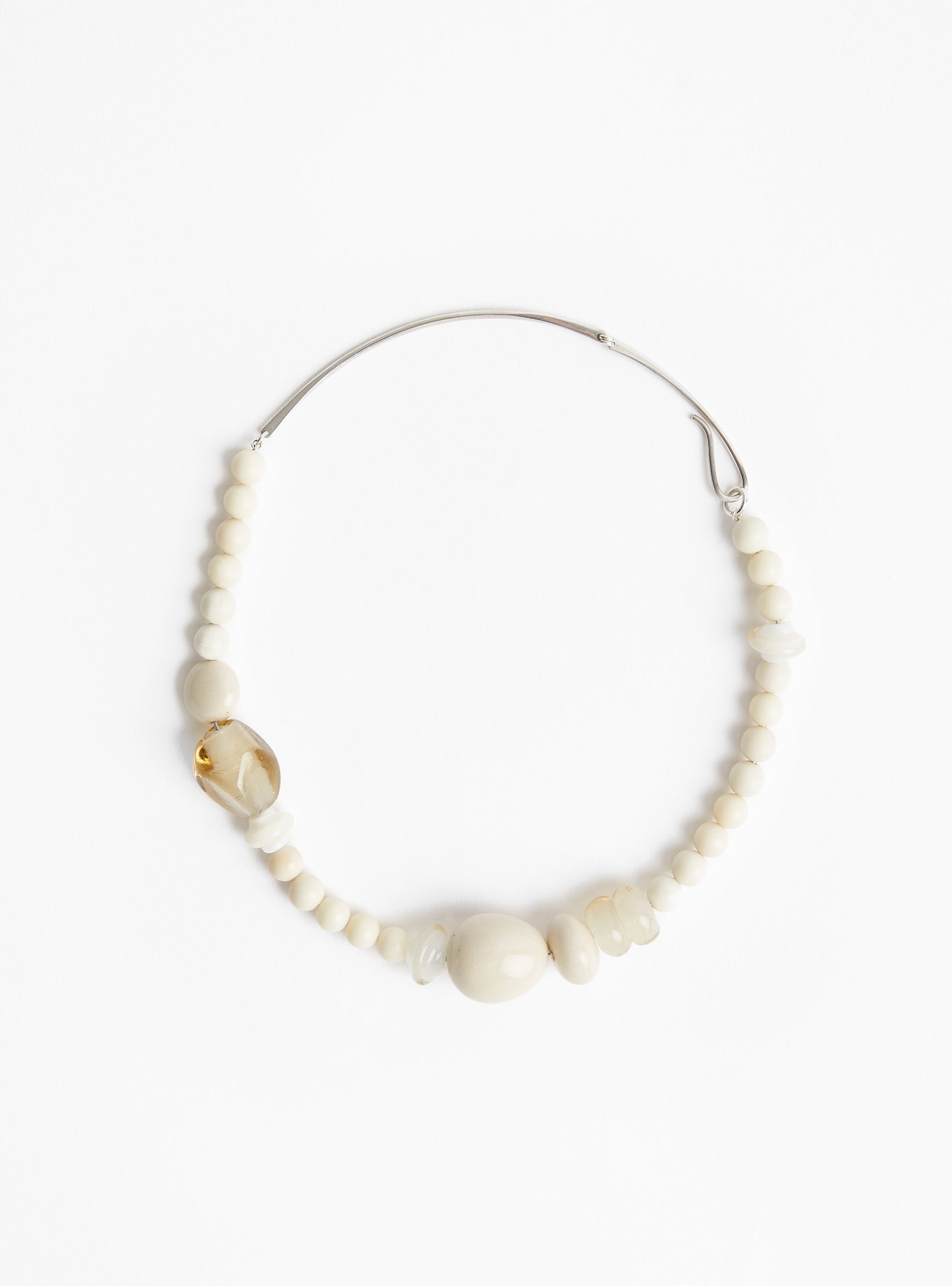 Ceramic, Glass and Stone Beaded Sterling Silver Choker Ecru